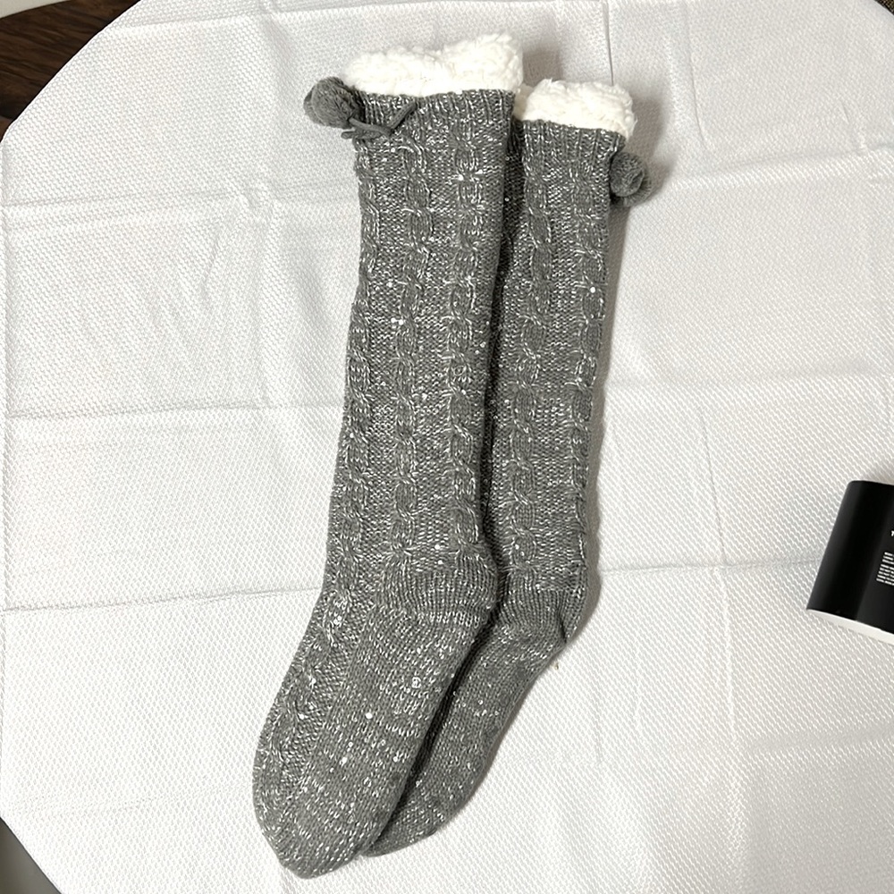 Torrid brand HEATHERED GREY KNIT SEQUIN COZY POM POM SLIPPER SOCKS